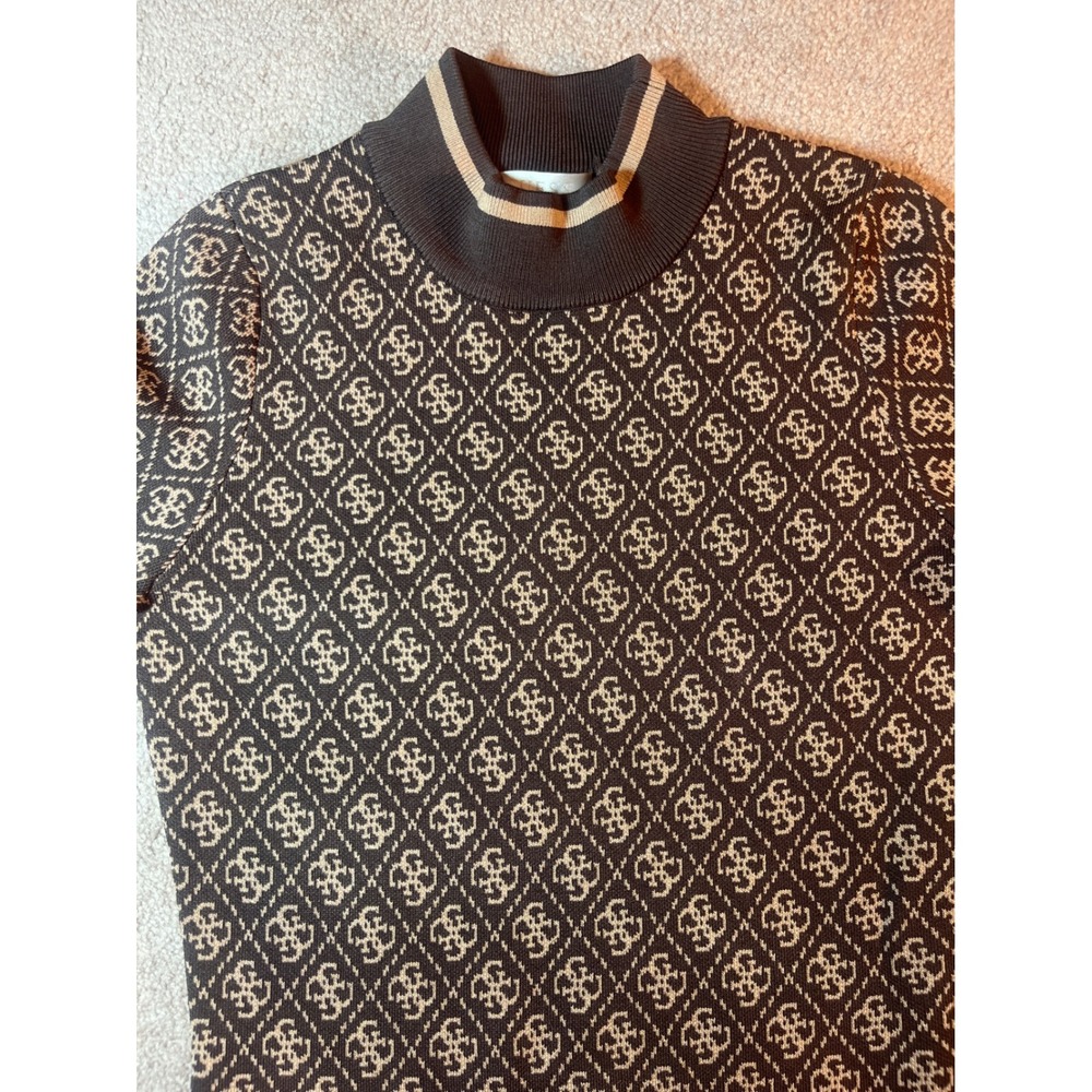 Guess Brown Tan Logo Monogram Mock Neck Long Sleeve Sweater Dress W3BK0D S